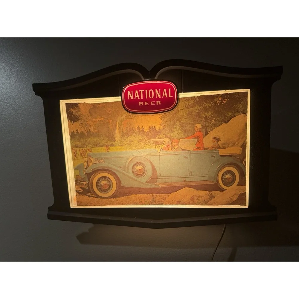 Vintage National Beer Lighted Advertising Sign Classic Car Breweriana Bar